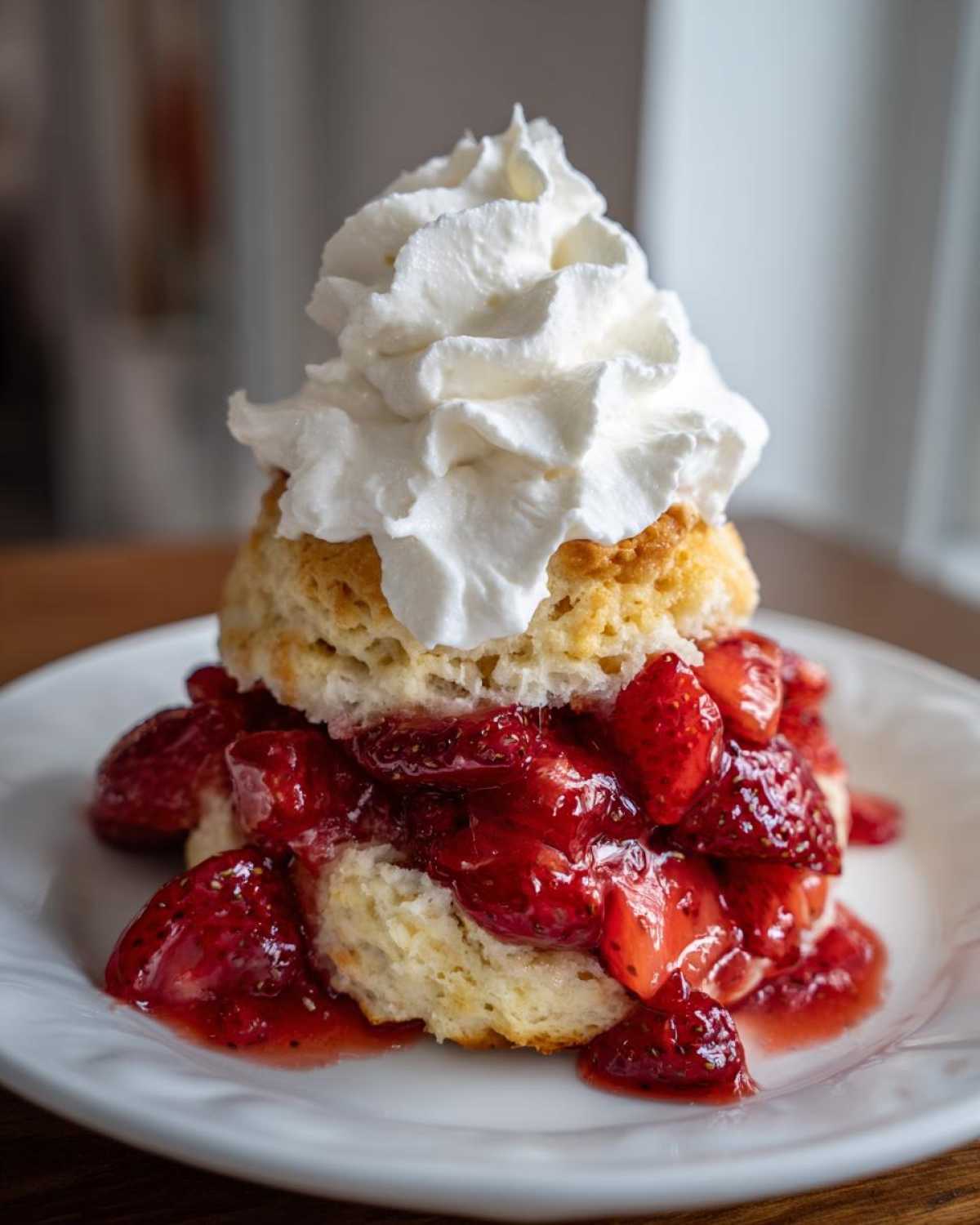 A tall, fluffy shortcake biscuit layered with macerated strawberries and topped with a generous swirl of whipped cream.