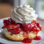 A close-up of a fluffy biscuit topped with macerated strawberries and a swirl of whipped cream, a perfect shortcake.