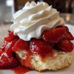 A close-up of a fluffy biscuit base topped with macerated strawberries and a generous swirl of whipped cream, perfect shortcake.