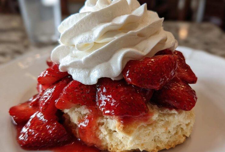 A close-up of a fluffy biscuit base topped with macerated strawberries and a generous swirl of whipped cream, perfect shortcake.