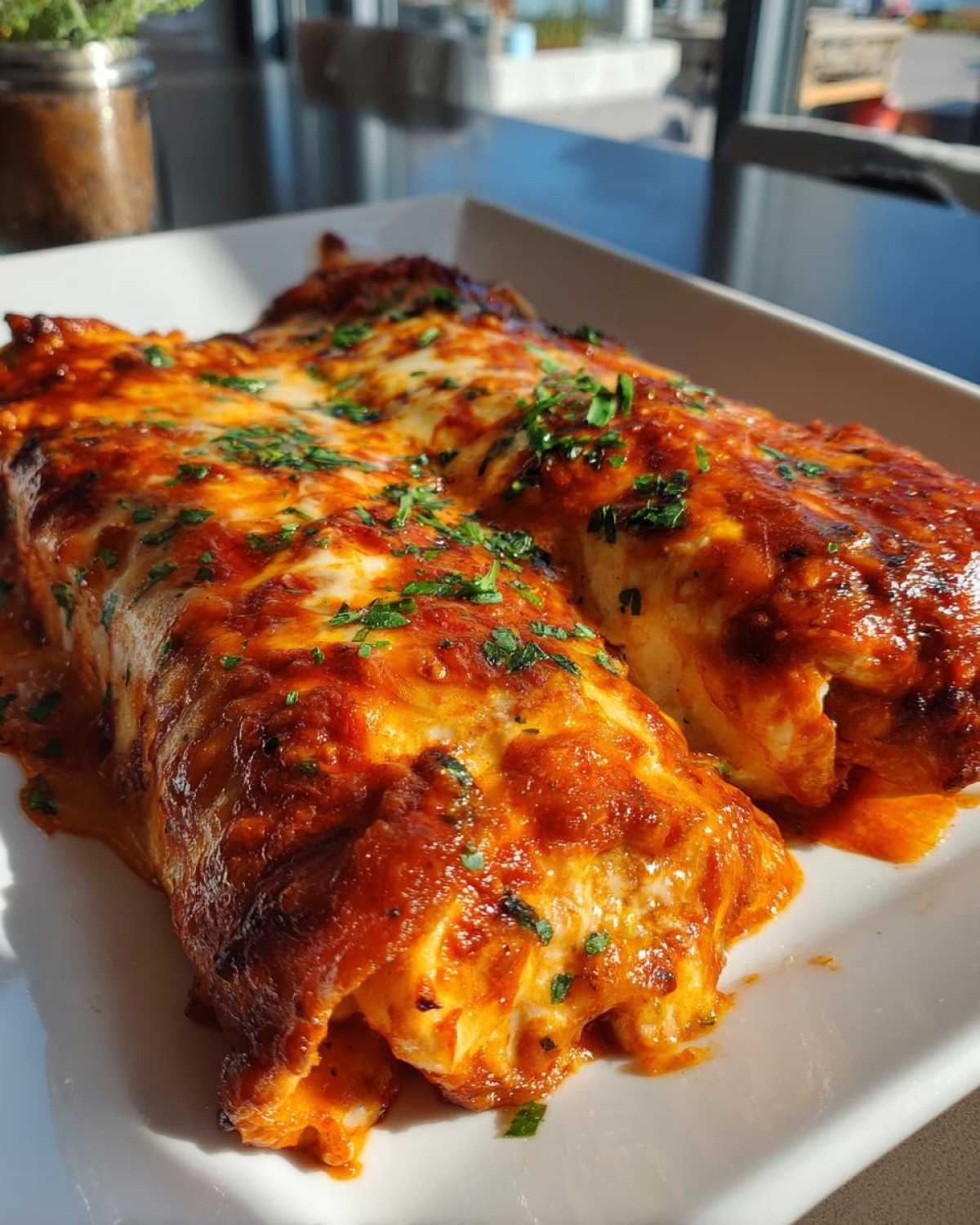 Close-up of two cheesy, saucy easy chicken enchiladas topped with fresh parsley.