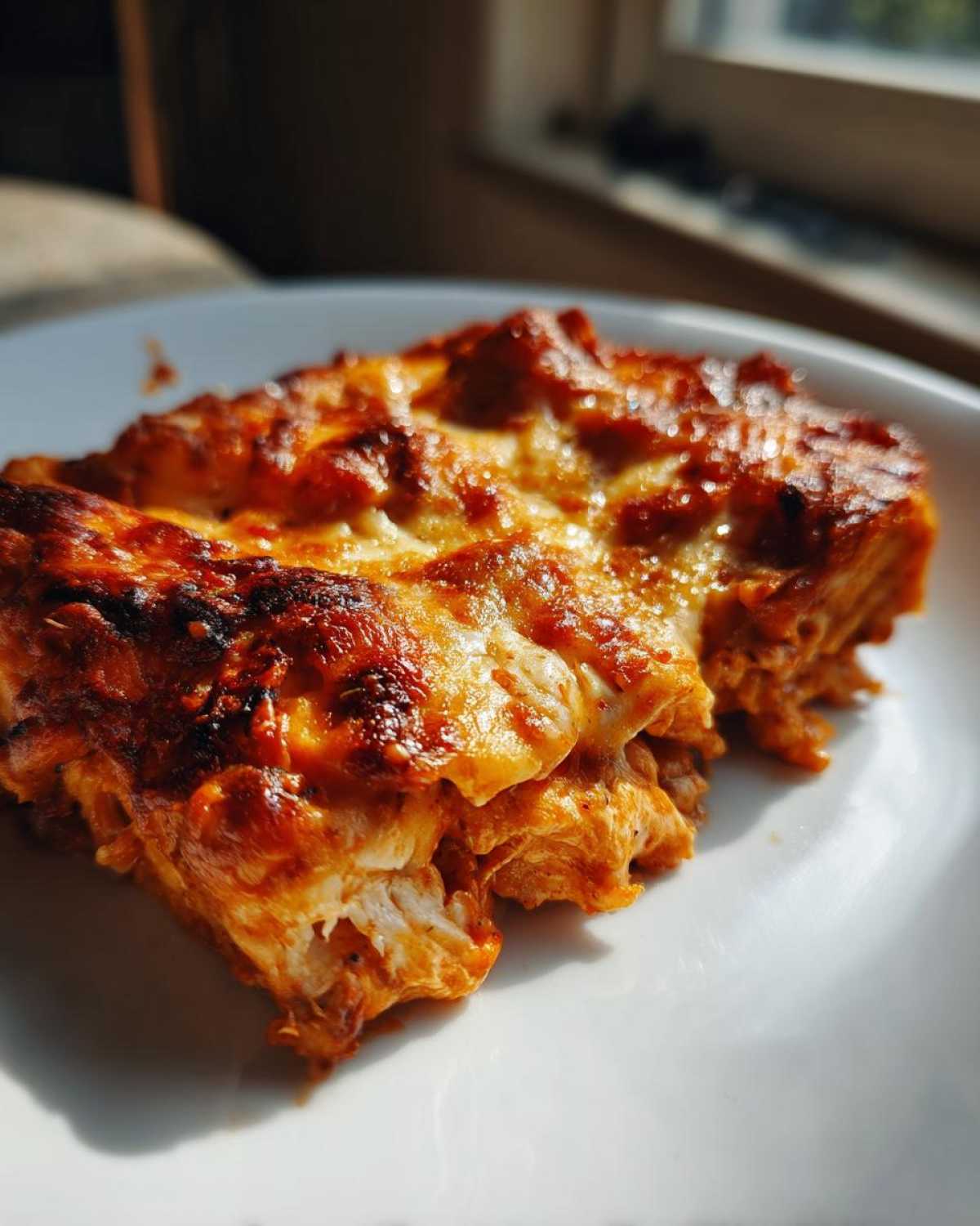 Close-up of a portion of easy chicken enchiladas, covered in bubbly, browned cheese and red sauce, served on a white plate.