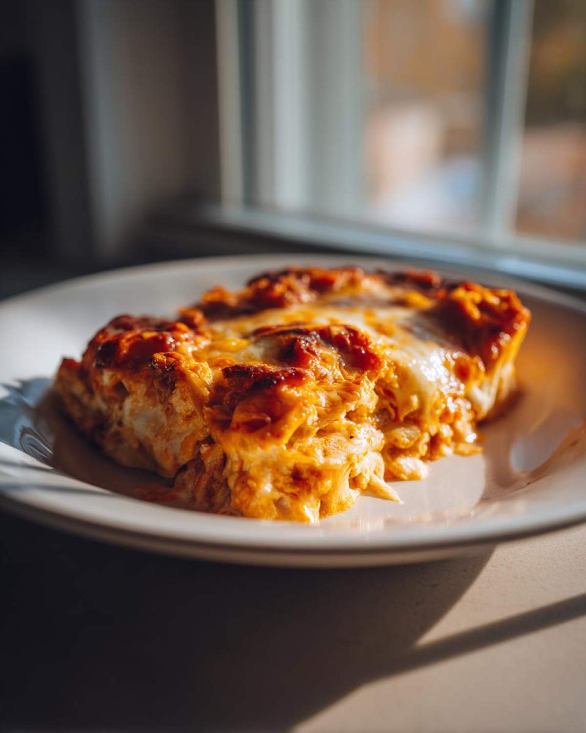 A close-up of a portion of easy chicken enchiladas covered in melted, slightly browned cheese and sauce.