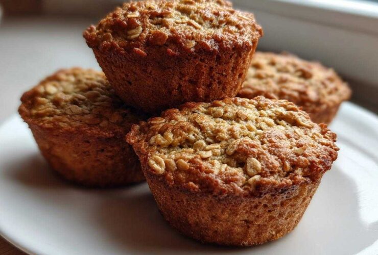 A close-up of four freshly baked, golden brown oatmeal muffins stacked slightly on a white plate.