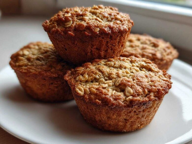 A close-up of four freshly baked, golden brown oatmeal muffins stacked slightly on a white plate.