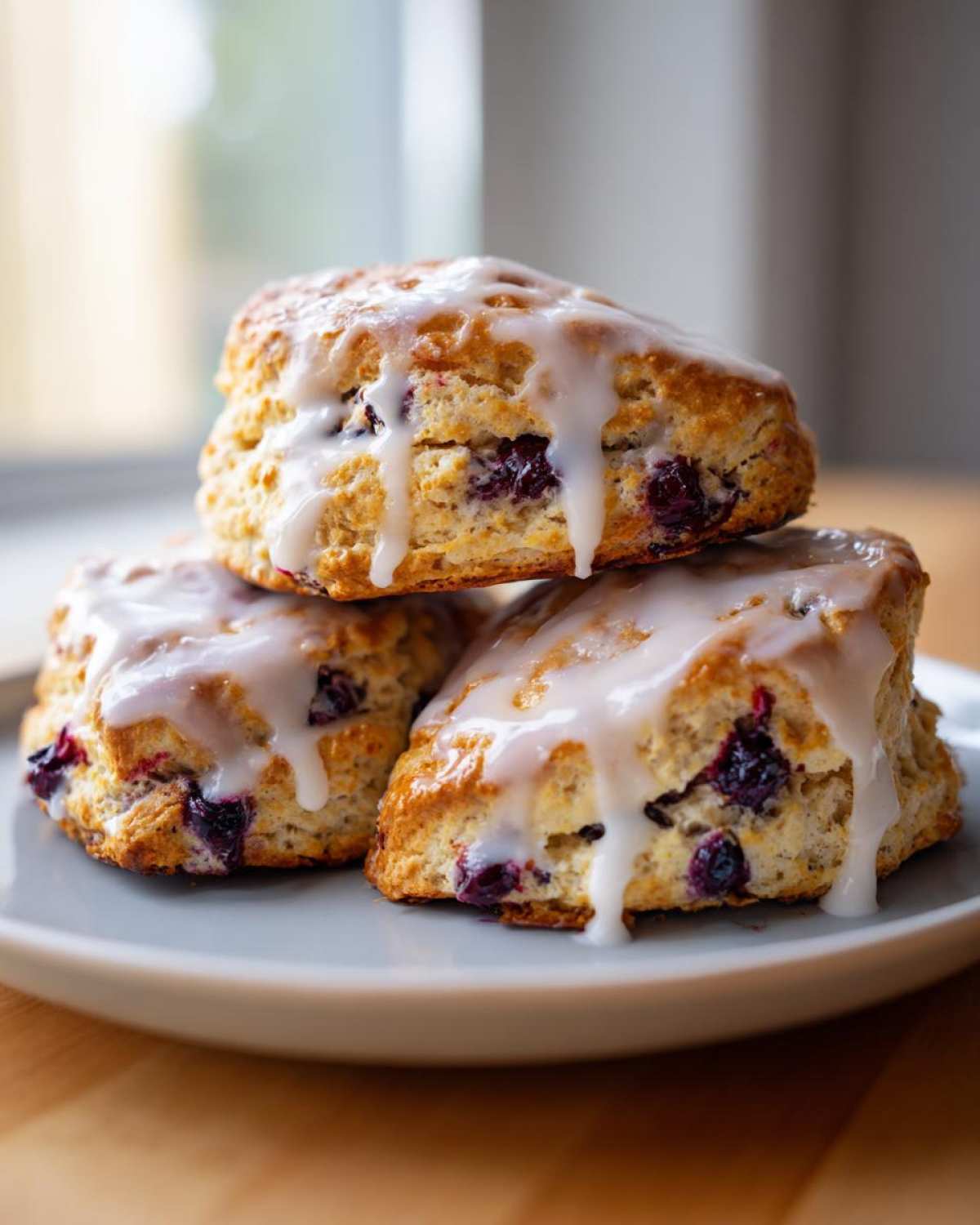 Three flaky blueberry scones stacked on a plate, generously drizzled with white vanilla glaze.
