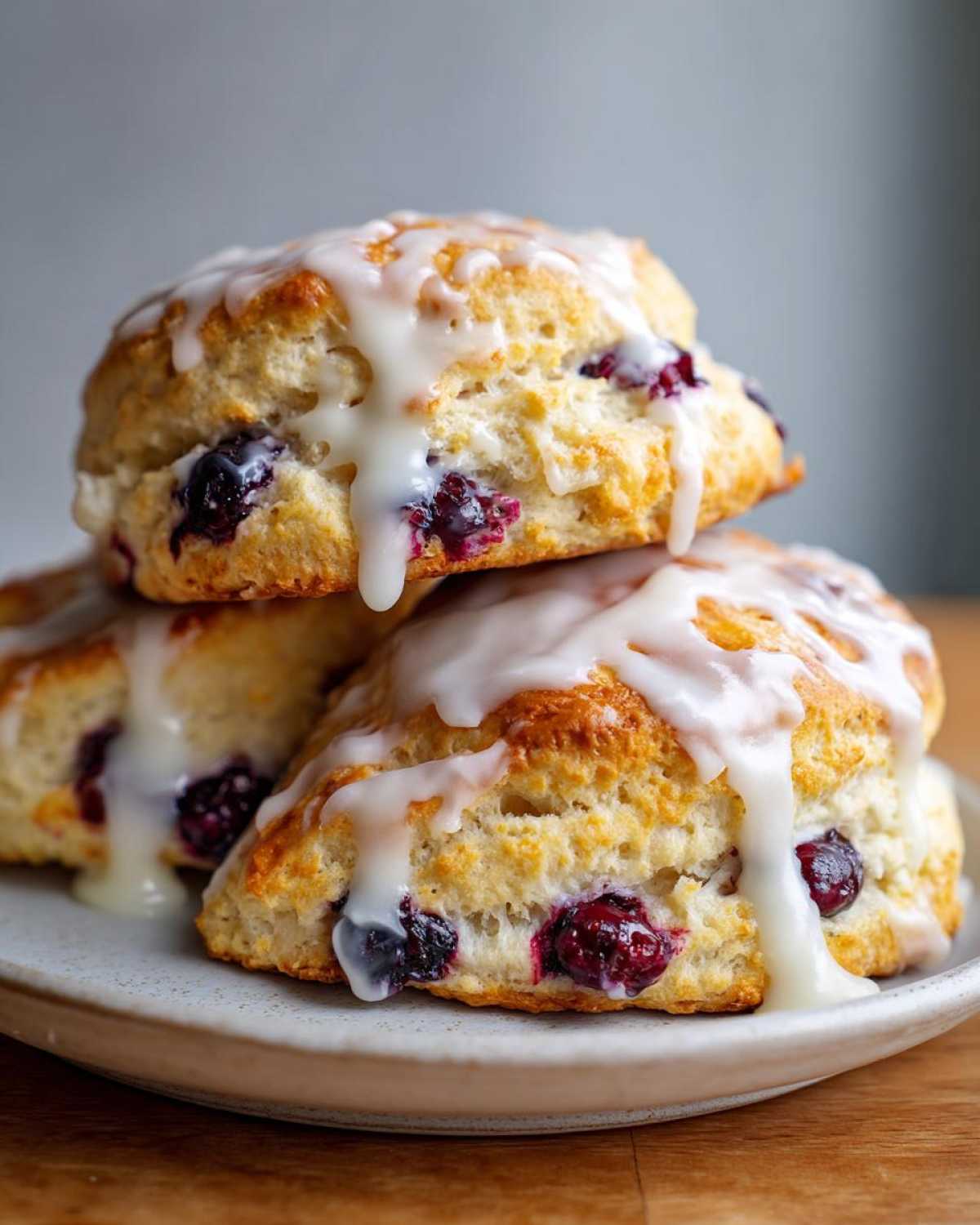 Close-up of three flaky blueberry scones stacked and drizzled with thick white glaze.