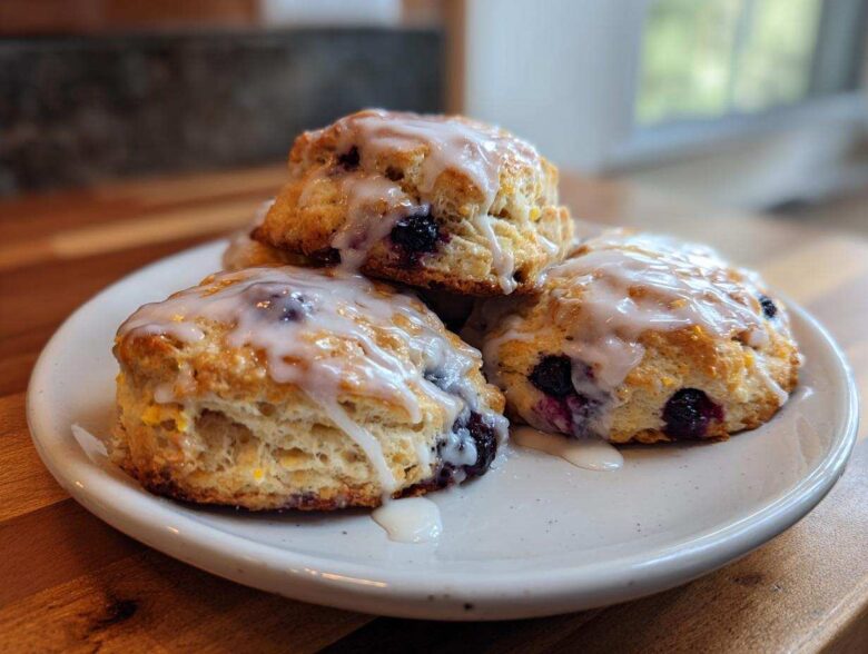 A stack of three flaky blueberry scones topped with a sweet white glaze, ready to eat.