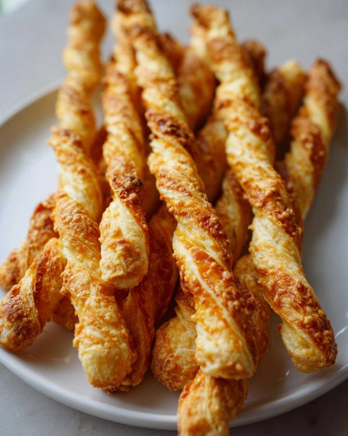 A close-up of several flaky, golden-brown cheese straws recipe twists piled on a white plate.