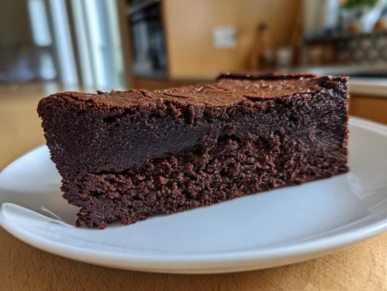 Close-up of a dense, fudgy slice of flourless chocolate cake served on a white plate.
