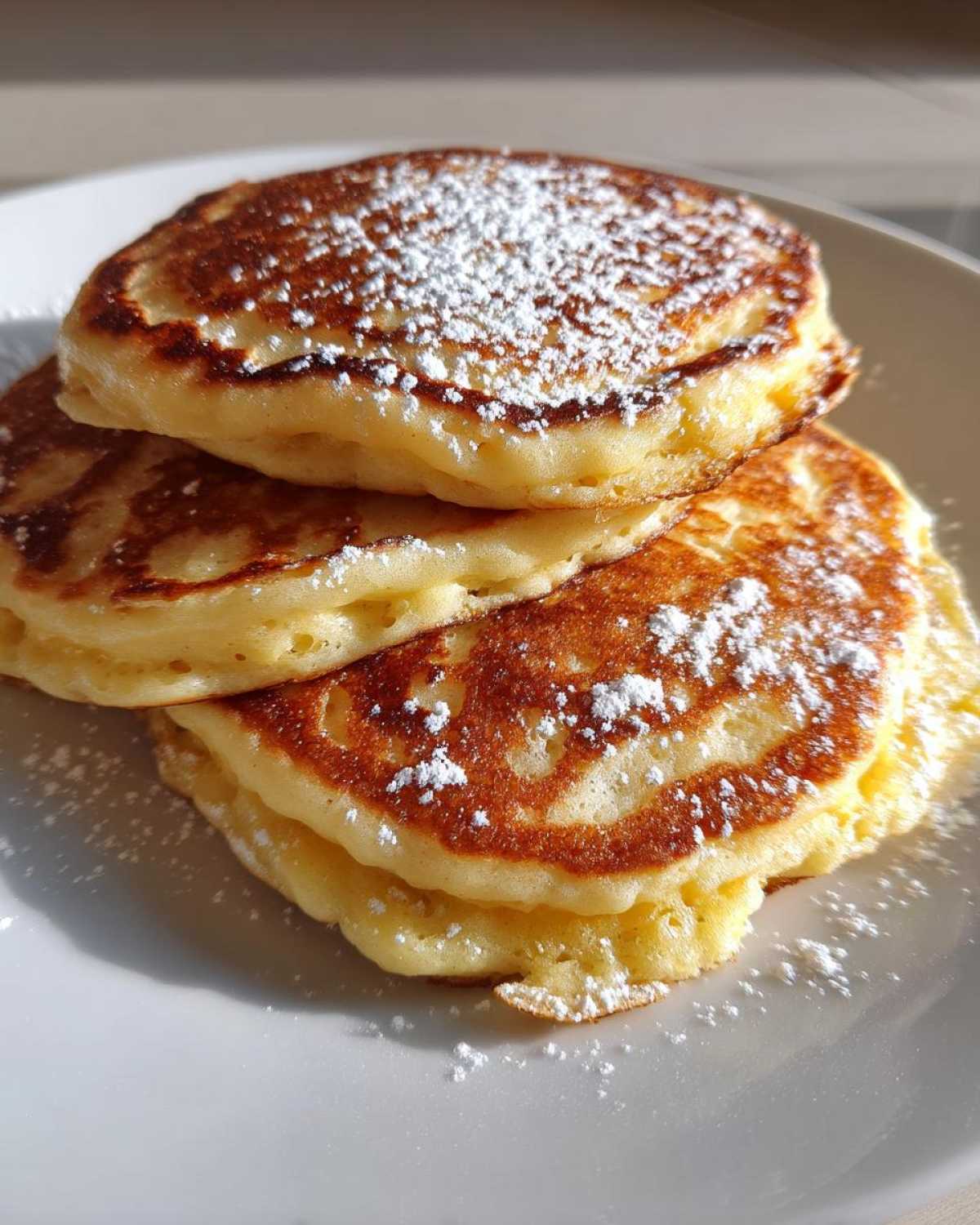 Close-up of a stack of three fluffy banana pancakes dusted generously with powdered sugar on a white plate.