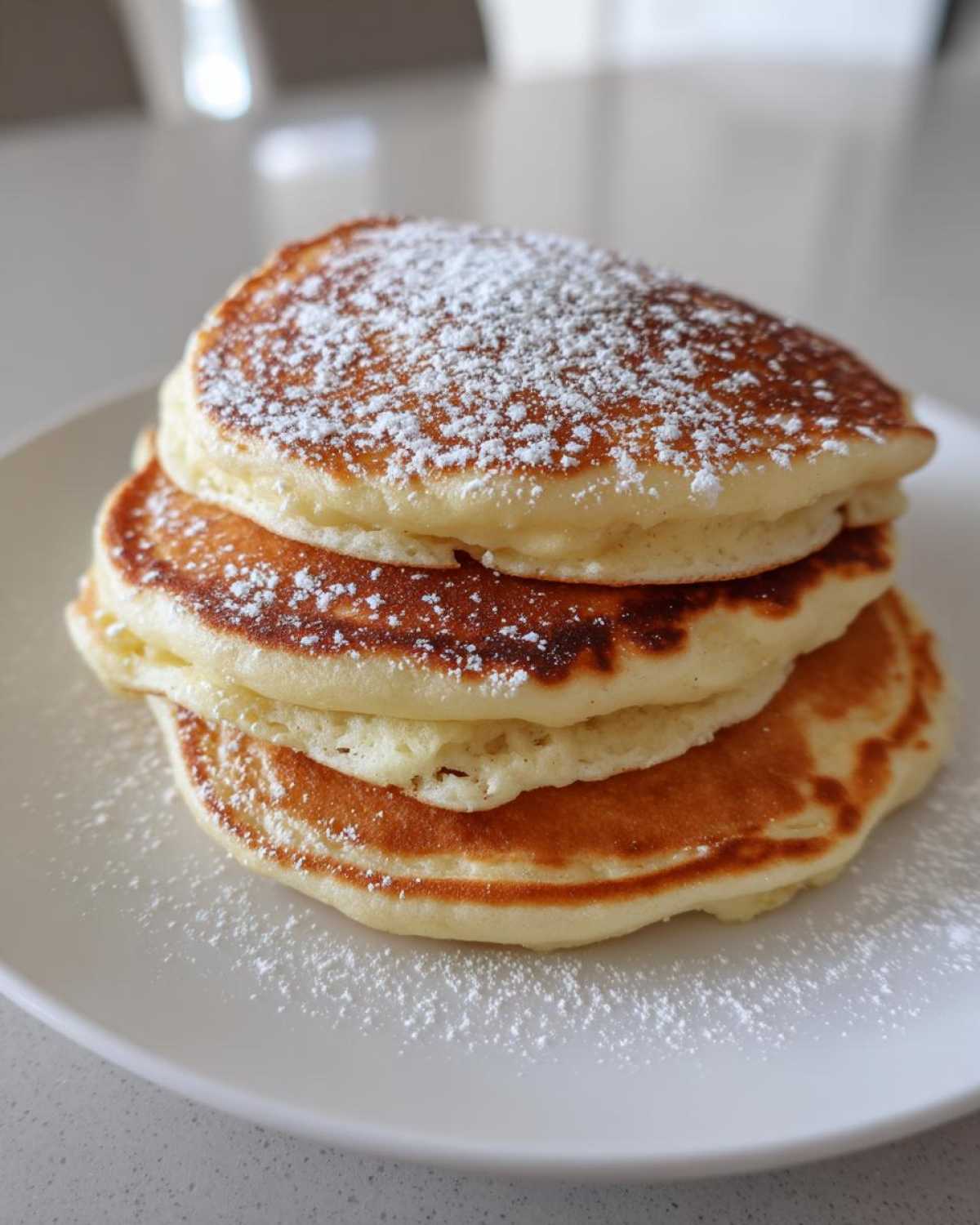 A tall stack of three fluffy banana pancakes dusted generously with white powdered sugar on a white plate.