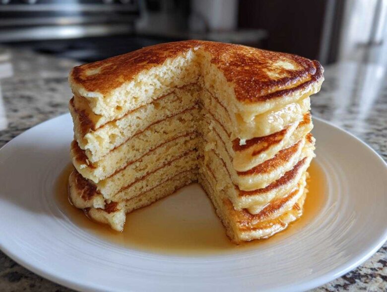 A tall stack of incredibly fluffy pancakes, cut to show the airy interior, drizzled with syrup.