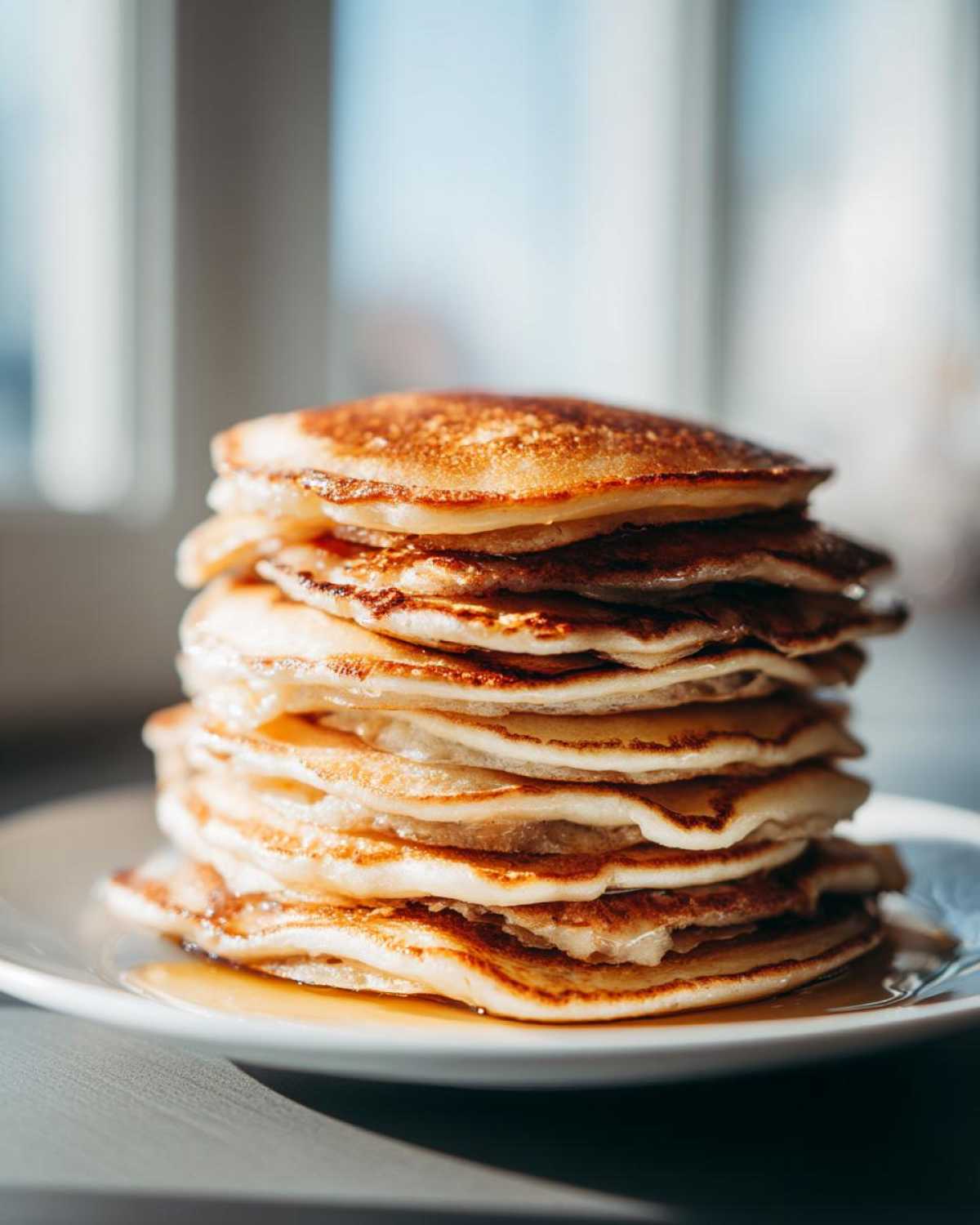 A tall stack of golden brown fluffy pancakes drizzled with syrup on a white plate.