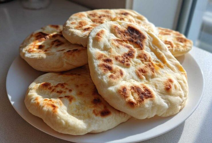 A stack of freshly cooked, fluffy pita bread with golden brown spots resting on a white plate.