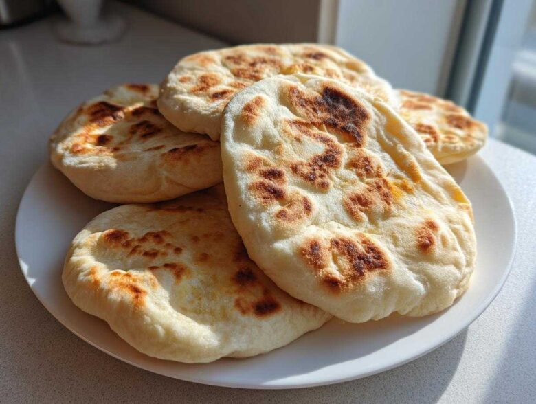 A stack of freshly cooked, fluffy pita bread with golden brown spots resting on a white plate.
