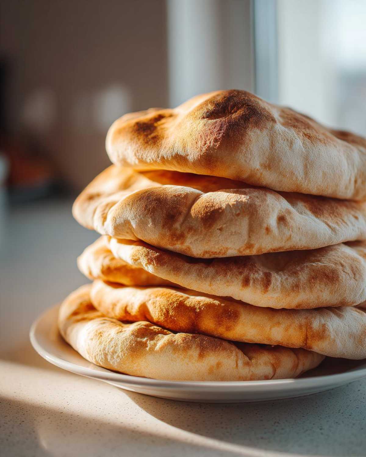 A stack of five freshly baked, fluffy pita bread rounds resting on a white plate, beautifully lit by sunlight.