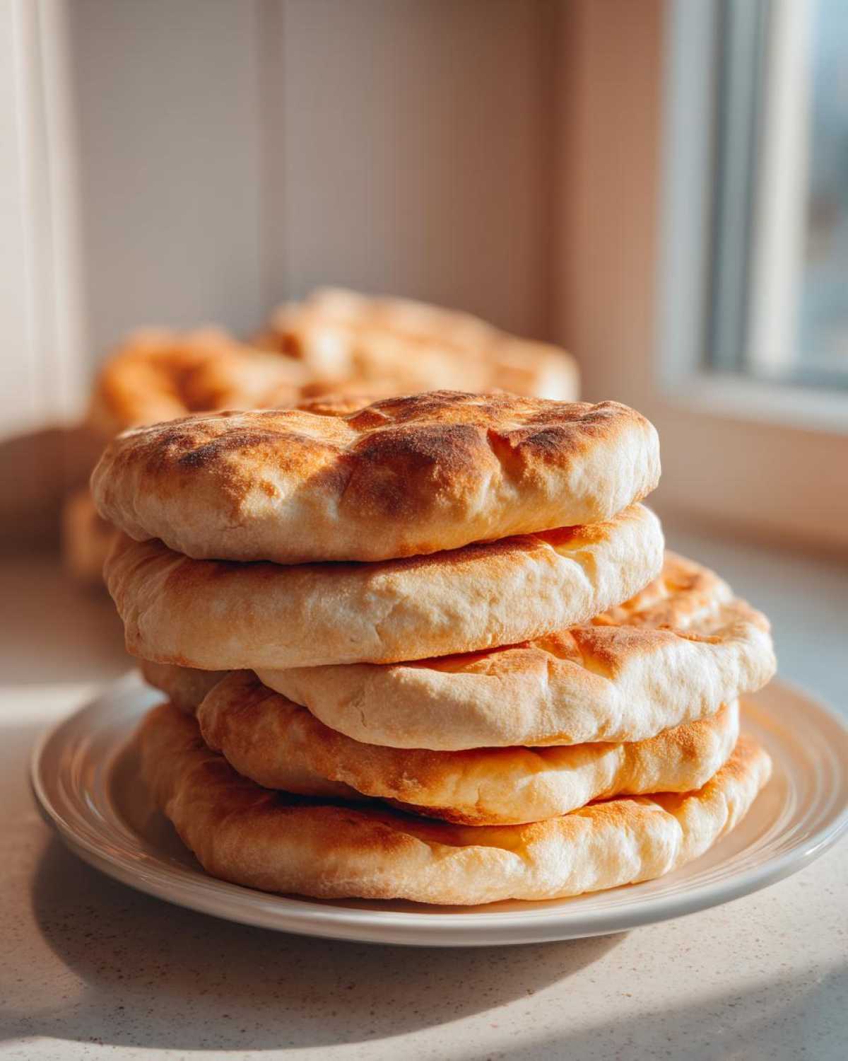 A stack of four freshly baked, fluffy pita bread rounds with golden-brown tops resting on a white plate.