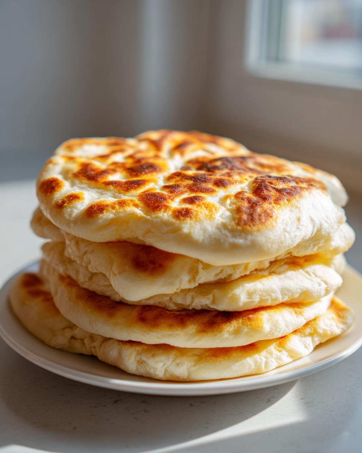A stack of four fluffy, freshly cooked pita bread rounds with golden-brown spots on a white plate.