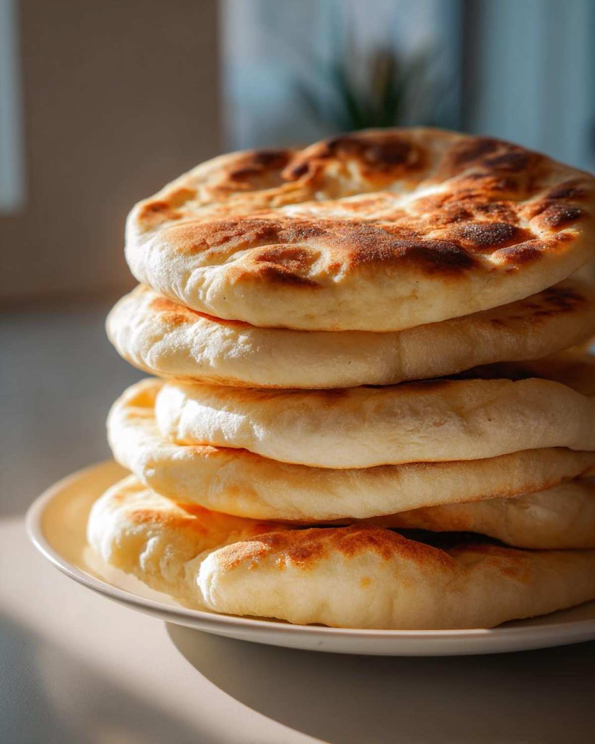 A tall stack of freshly made, fluffy pita bread with golden-brown charred spots on a white plate.