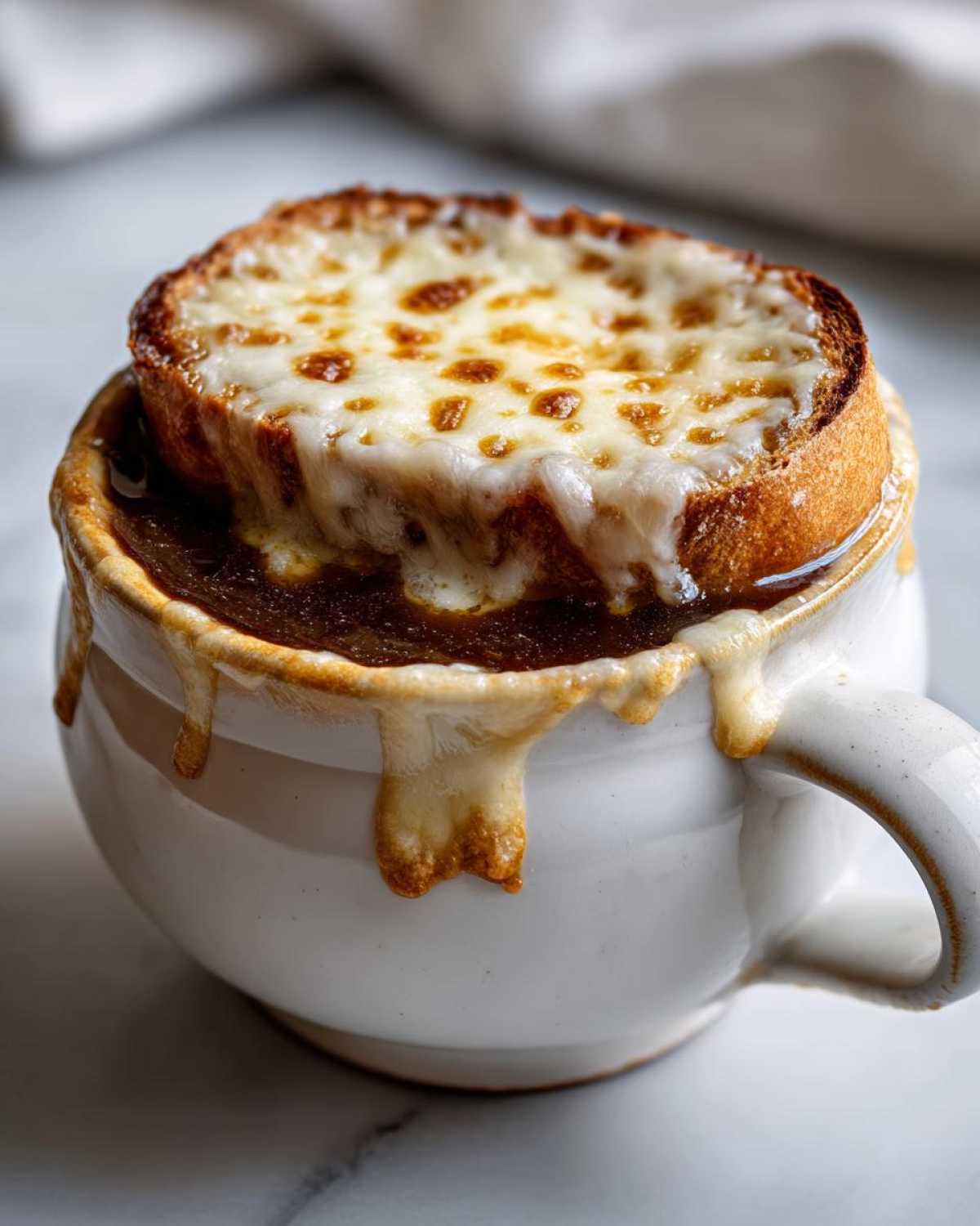 Close-up of a steaming bowl of french onion soup recipe topped with a toasted crouton covered in melted, browned cheese.