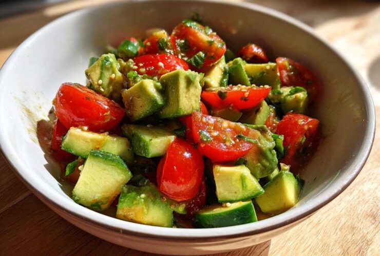 Close-up of a bowl filled with diced avocado and halved cherry tomatoes, making up the fresh avocado salad.