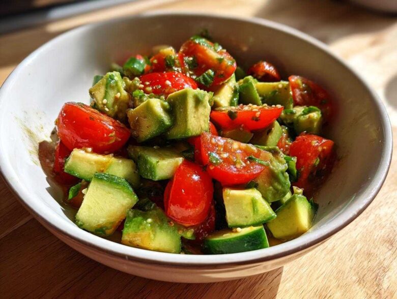 Close-up of a bowl filled with diced avocado and halved cherry tomatoes, making up the fresh avocado salad.