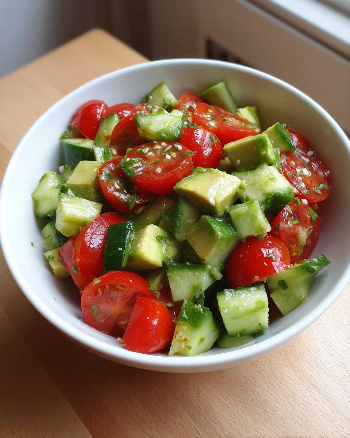 Close-up of a vibrant avocado salad with diced avocado, cherry tomatoes, and cucumber in a white bowl.
