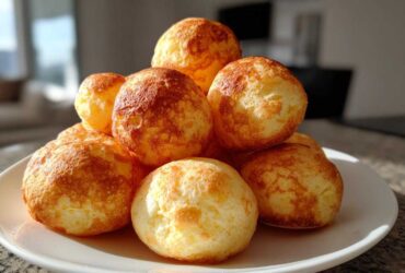 A stack of golden-brown, freshly baked brazilian cheese bread rolls piled high on a white plate.