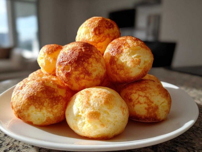 A stack of golden-brown, freshly baked brazilian cheese bread rolls piled high on a white plate.