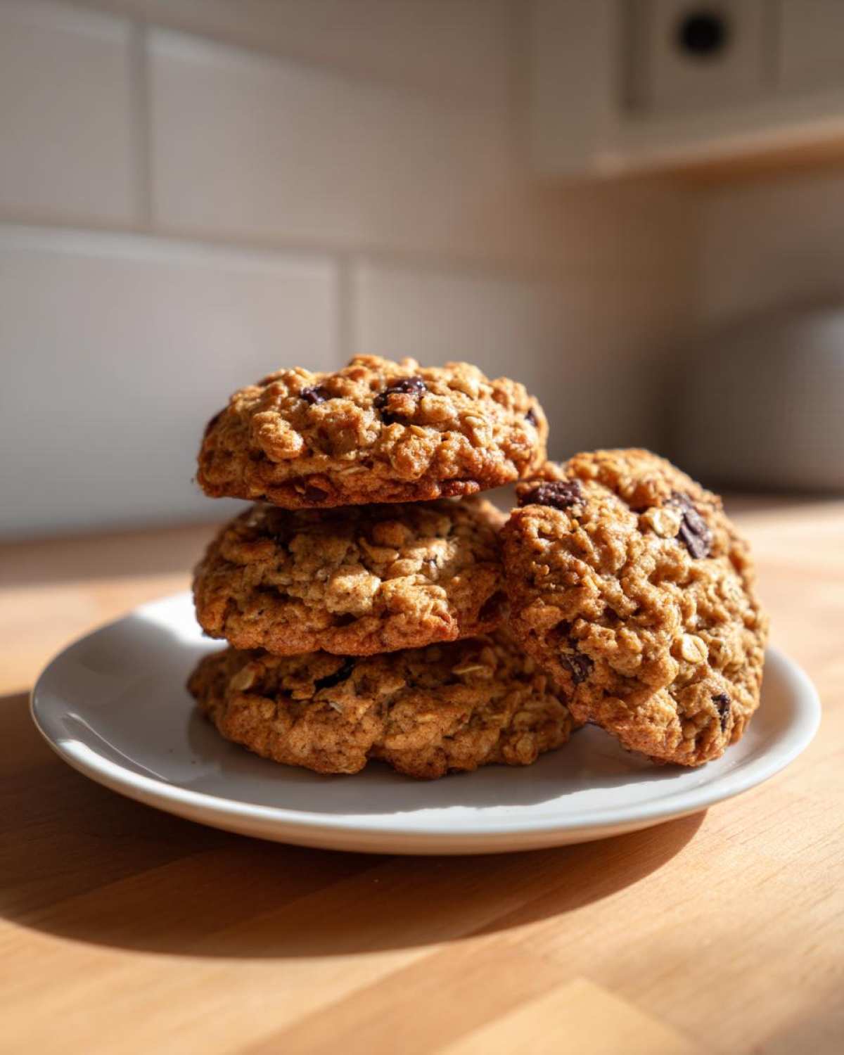 A close-up stack of four chewy oatmeal cookies with visible oats and raisins on a small white plate.
