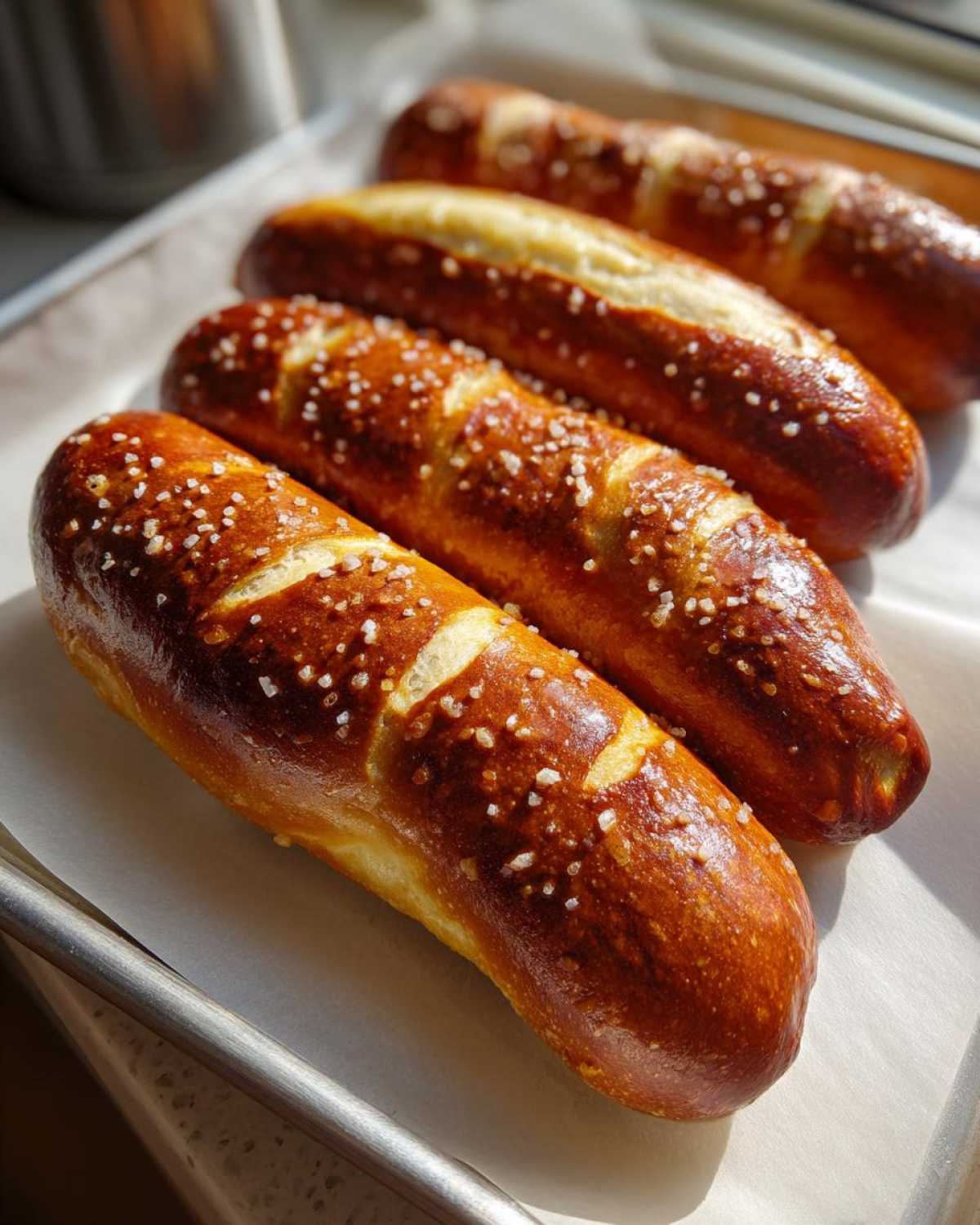 Four freshly baked pretzel dogs with coarse salt resting on parchment paper on a metal baking sheet.