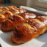 Four freshly baked pretzel dogs with a shiny brown crust and coarse salt, resting on parchment paper.