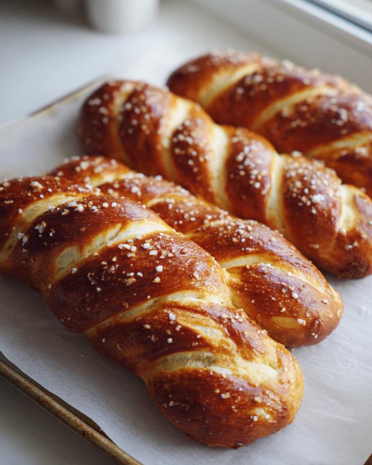 Close-up of three golden-brown, braided pretzel dogs buns sprinkled with coarse salt.
