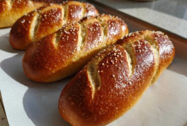 Close-up of golden brown, freshly baked pretzel dogs buns sprinkled with coarse salt on parchment paper.