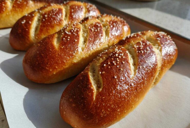 Close-up of golden brown, freshly baked pretzel dogs buns sprinkled with coarse salt on parchment paper.