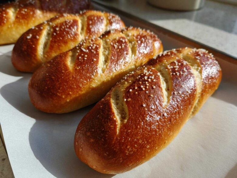 Close-up of golden brown, freshly baked pretzel dogs buns sprinkled with coarse salt on parchment paper.
