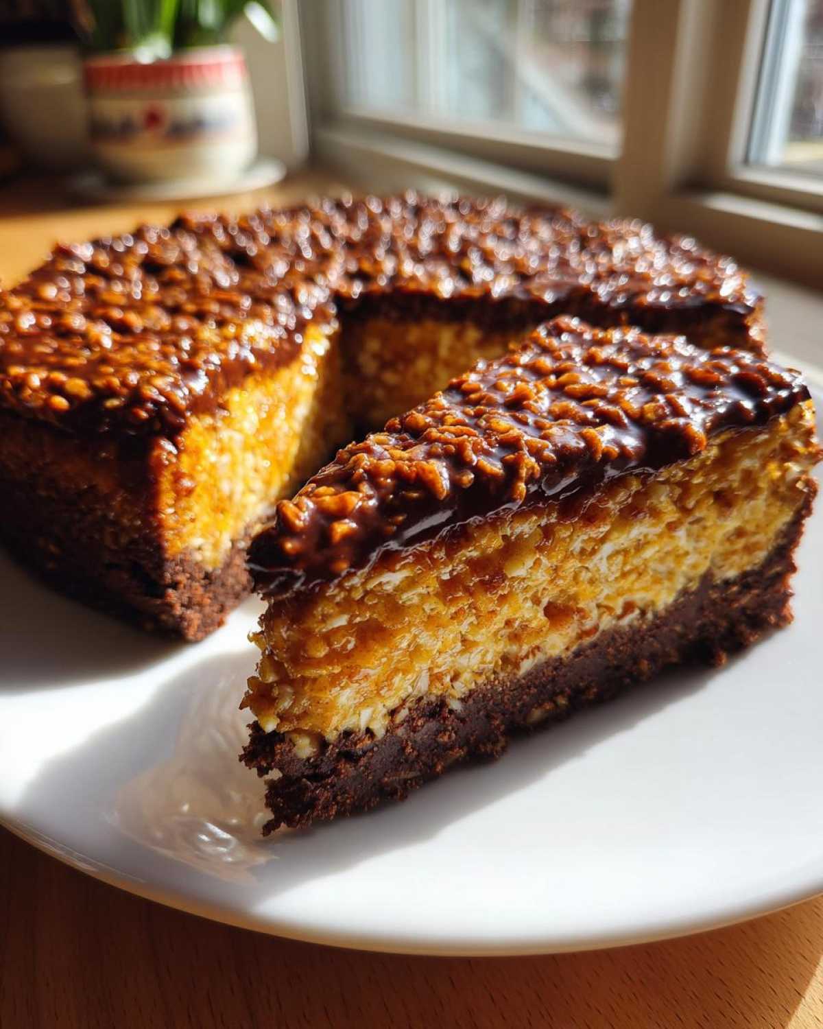 A slice of rich German chocolate cheesecake with a thick, nutty, chocolate topping, sitting next to the rest of the cake.