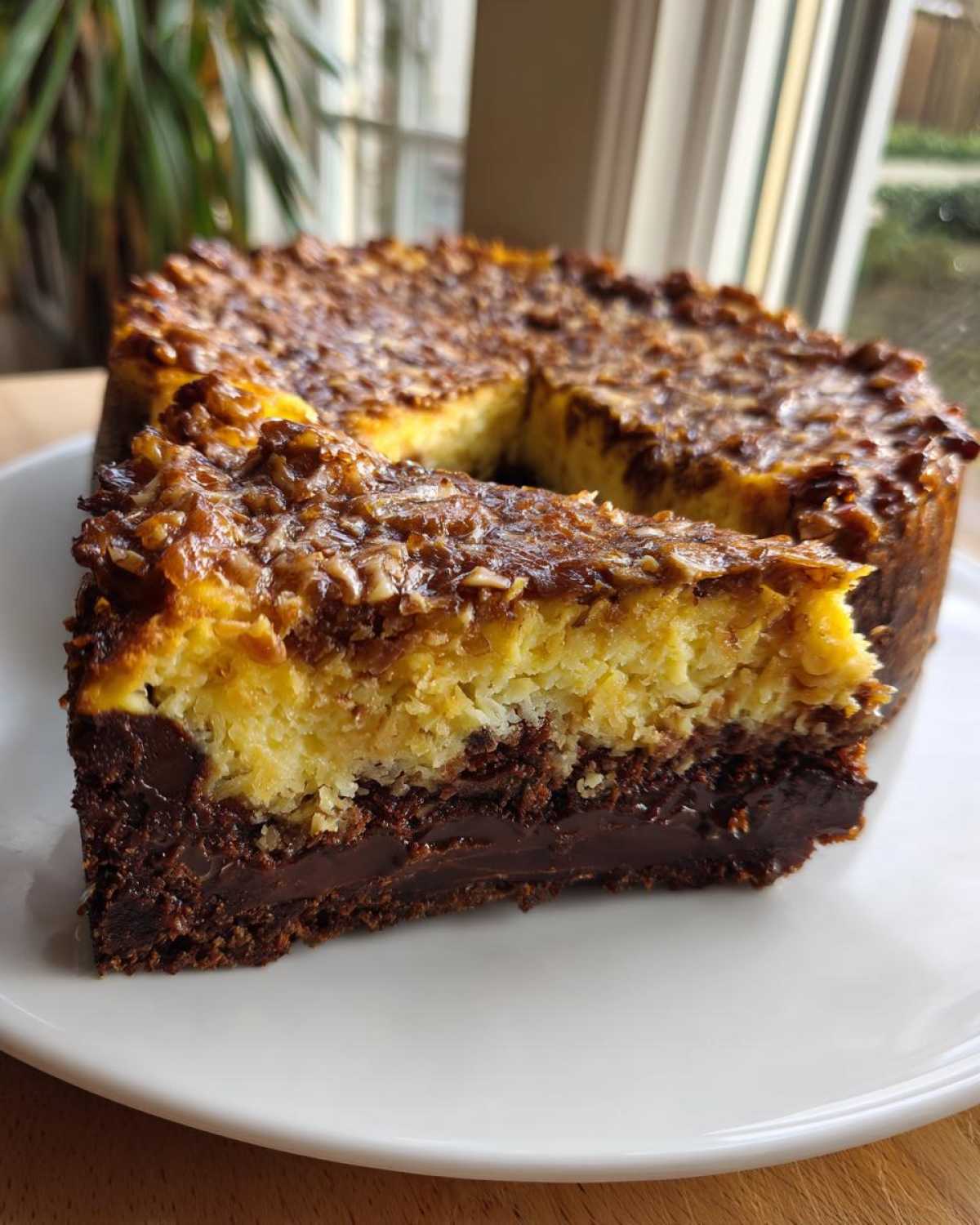 A close-up of a slice of decadent german chocolate cheesecake showing chocolate base, creamy filling, and coconut pecan topping.