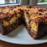 A rich german chocolate cheesecake with a dark crust and toasted coconut pecan topping, one slice removed.