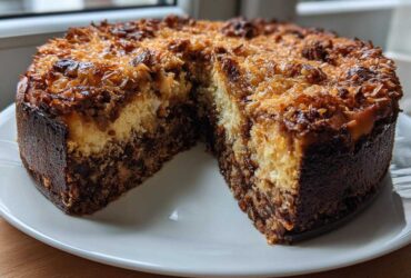 A rich german chocolate cheesecake with a dark crust and toasted coconut pecan topping, one slice removed.