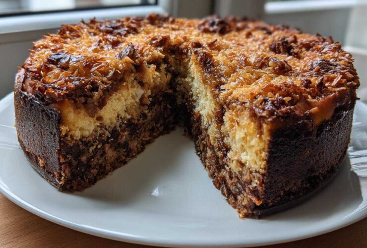 A rich german chocolate cheesecake with a dark crust and toasted coconut pecan topping, one slice removed.