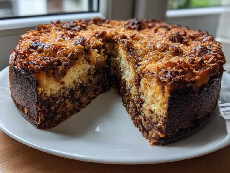 A rich german chocolate cheesecake with a dark crust and toasted coconut pecan topping, one slice removed.