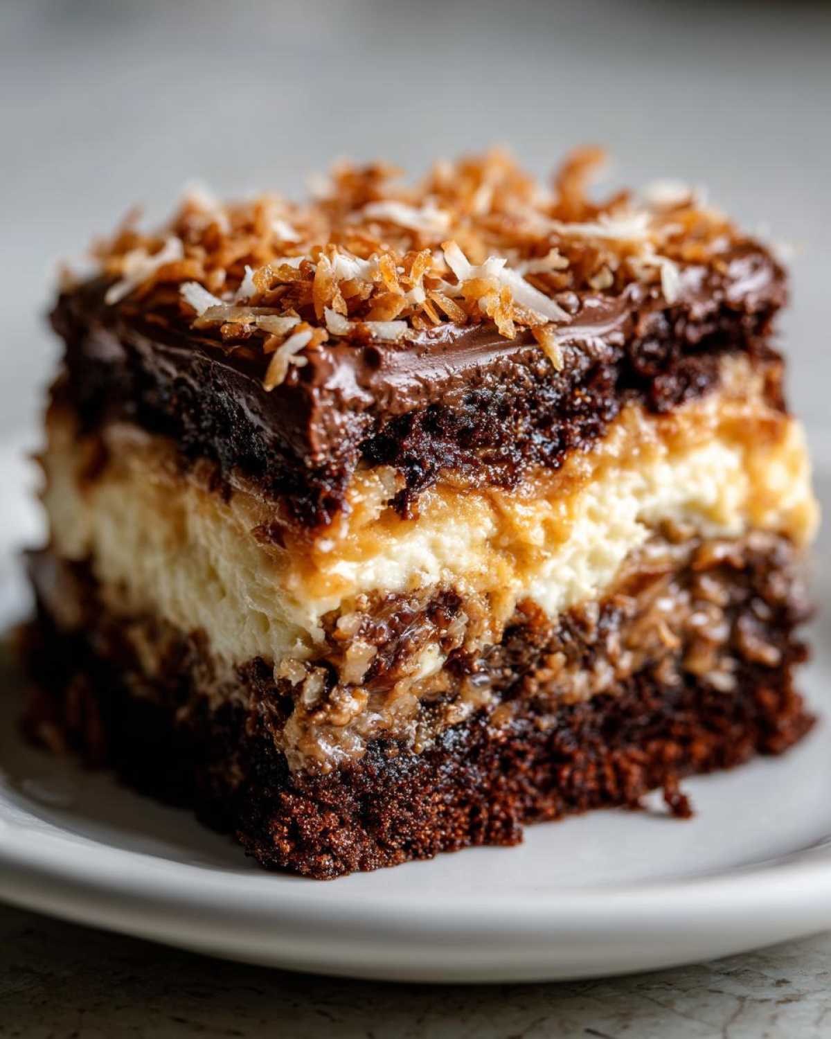 Close-up of a decadent slice of german chocolate poke cake showing layers of dark chocolate cake, cream filling, and coconut pecan topping.