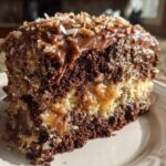 A close-up slice of rich german chocolate poke cake showing the soaked interior and coconut pecan frosting.