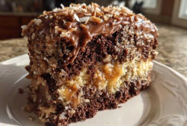 A close-up slice of rich german chocolate poke cake showing the soaked interior and coconut pecan frosting.