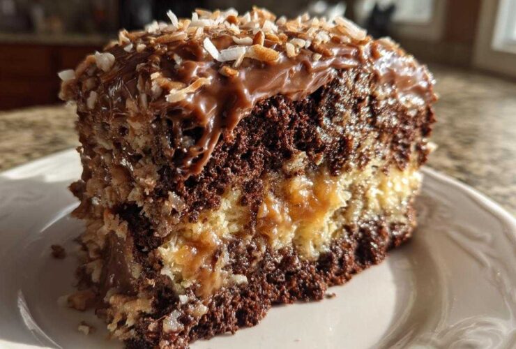 A close-up slice of rich german chocolate poke cake showing the soaked interior and coconut pecan frosting.