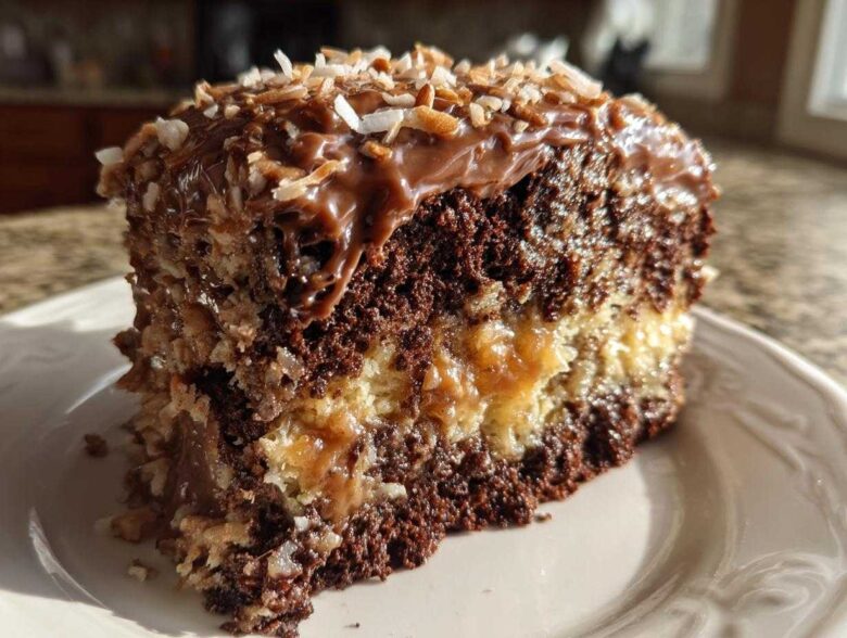 A close-up slice of rich german chocolate poke cake showing the soaked interior and coconut pecan frosting.