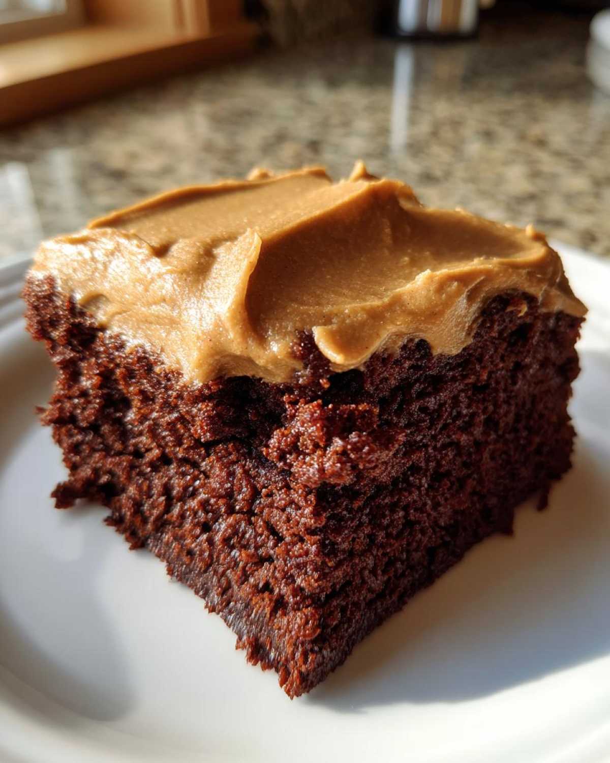Close-up of a moist, dark slice of gingerbread cake topped with thick caramel-colored frosting.