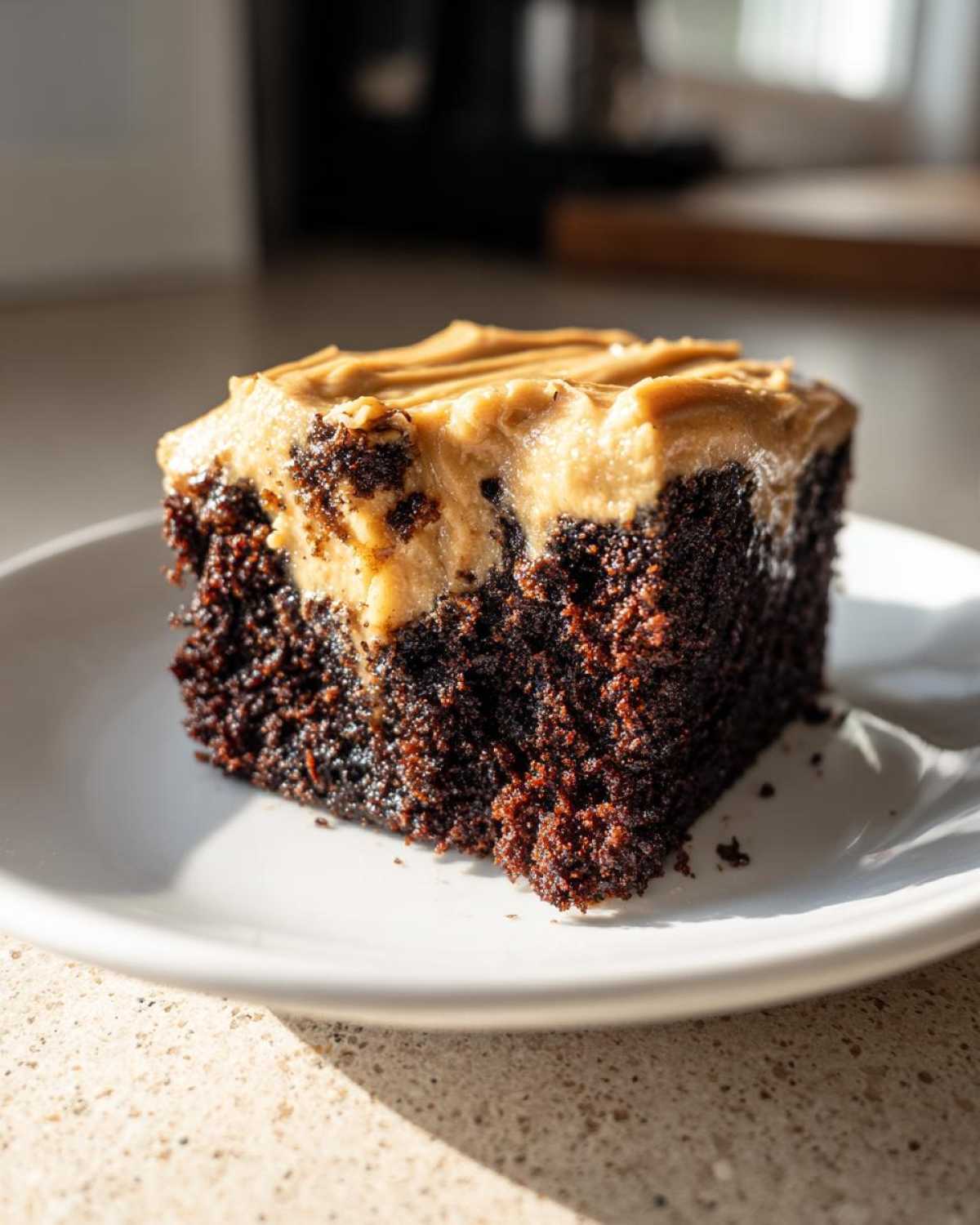Close-up of a rich, dark slice of gingerbread cake topped with thick, light brown frosting.